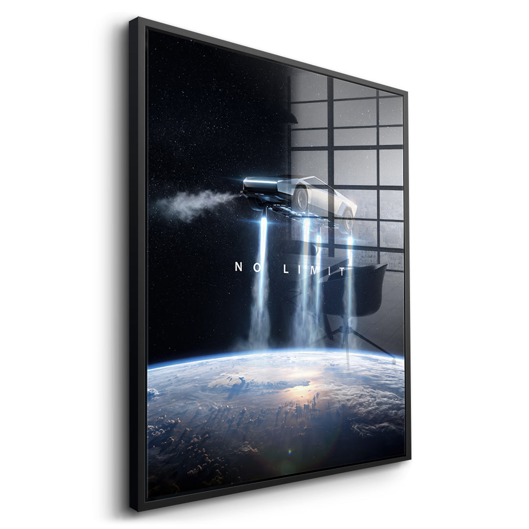 Seitenansicht des Acrylglasbilds No Limit Orbit im schwarzen Rahmen