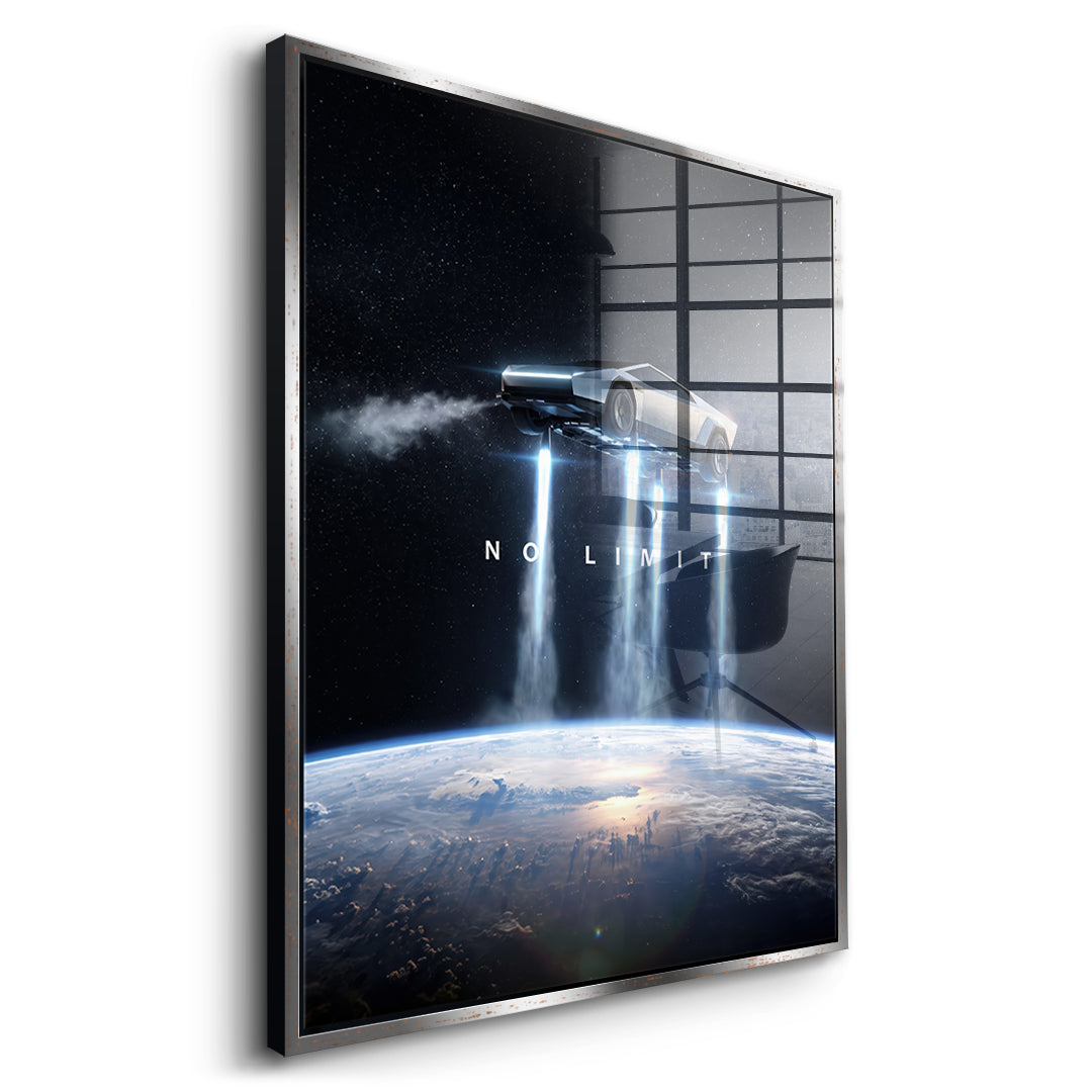 Seitenansicht des Acrylglasbilds No Limit Orbit im silbernen Rahmen