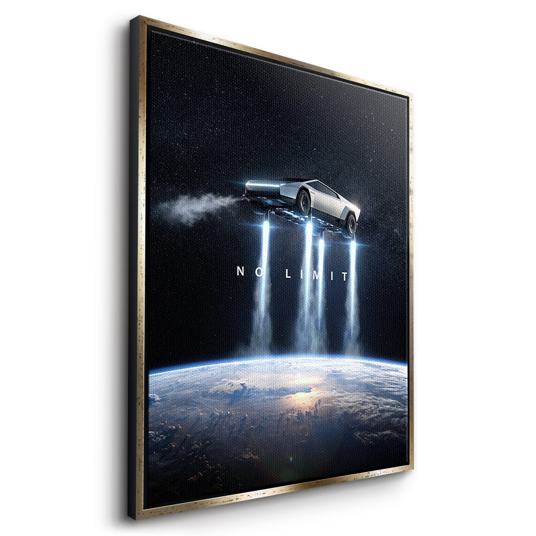 Seitenansicht des Leinwandbilds No Limit Orbit im goldenen Rahmen