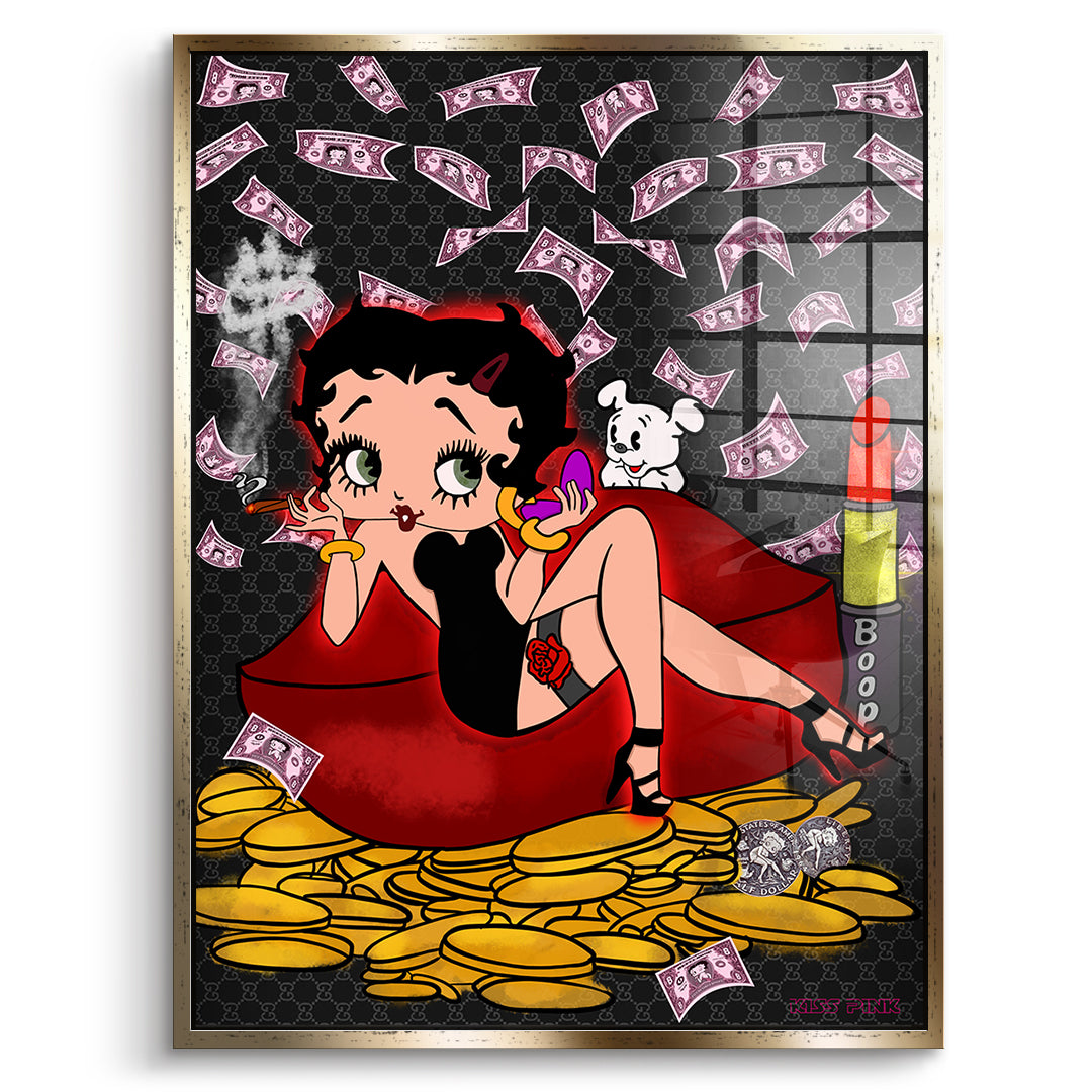 DOTCOMCANVAS Acrylglasbild Lipstick Money Pin-Up im goldenen Premium-Rahmen