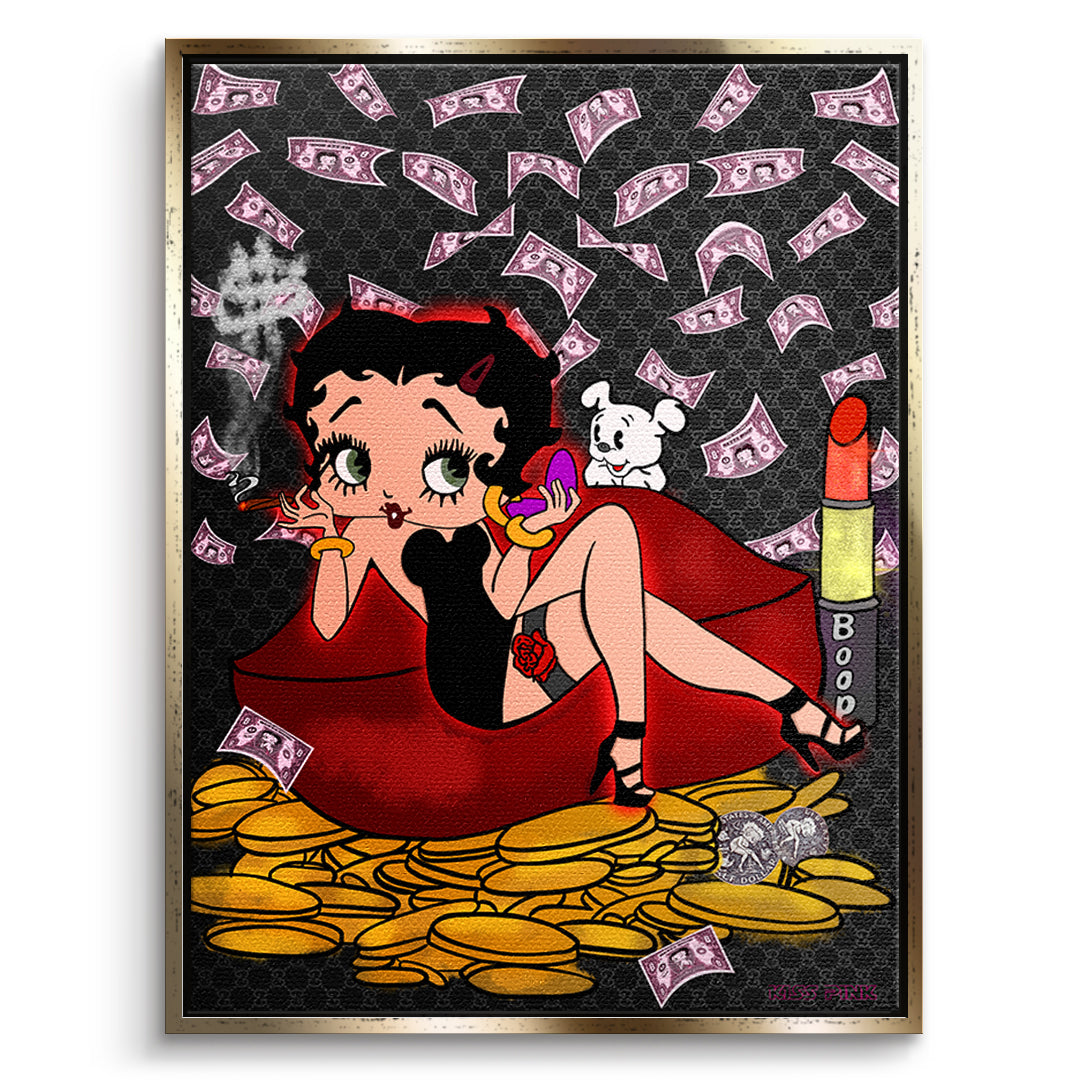 DOTCOMCANVAS Leinwandbild Lipstick Money Pin-Up im goldenen Premium-Rahmen
