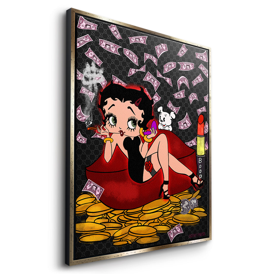 Seitenansicht des Leinwandbilds Lipstick Money Pin-Up im goldenen Rahmen
