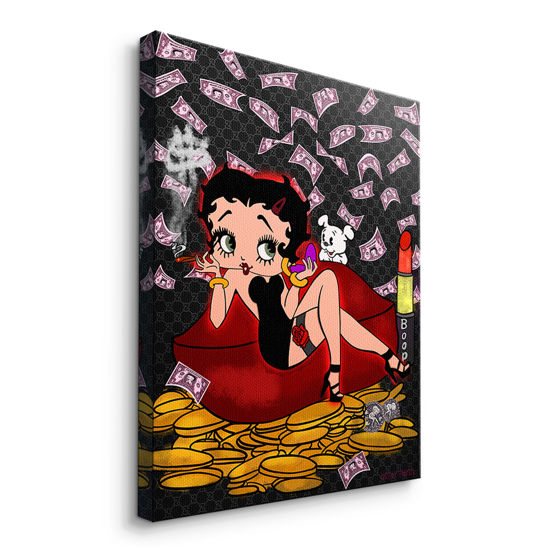 Seitenansicht des Leinwandbilds Lipstick Money Pin-Up ohne Rahmen