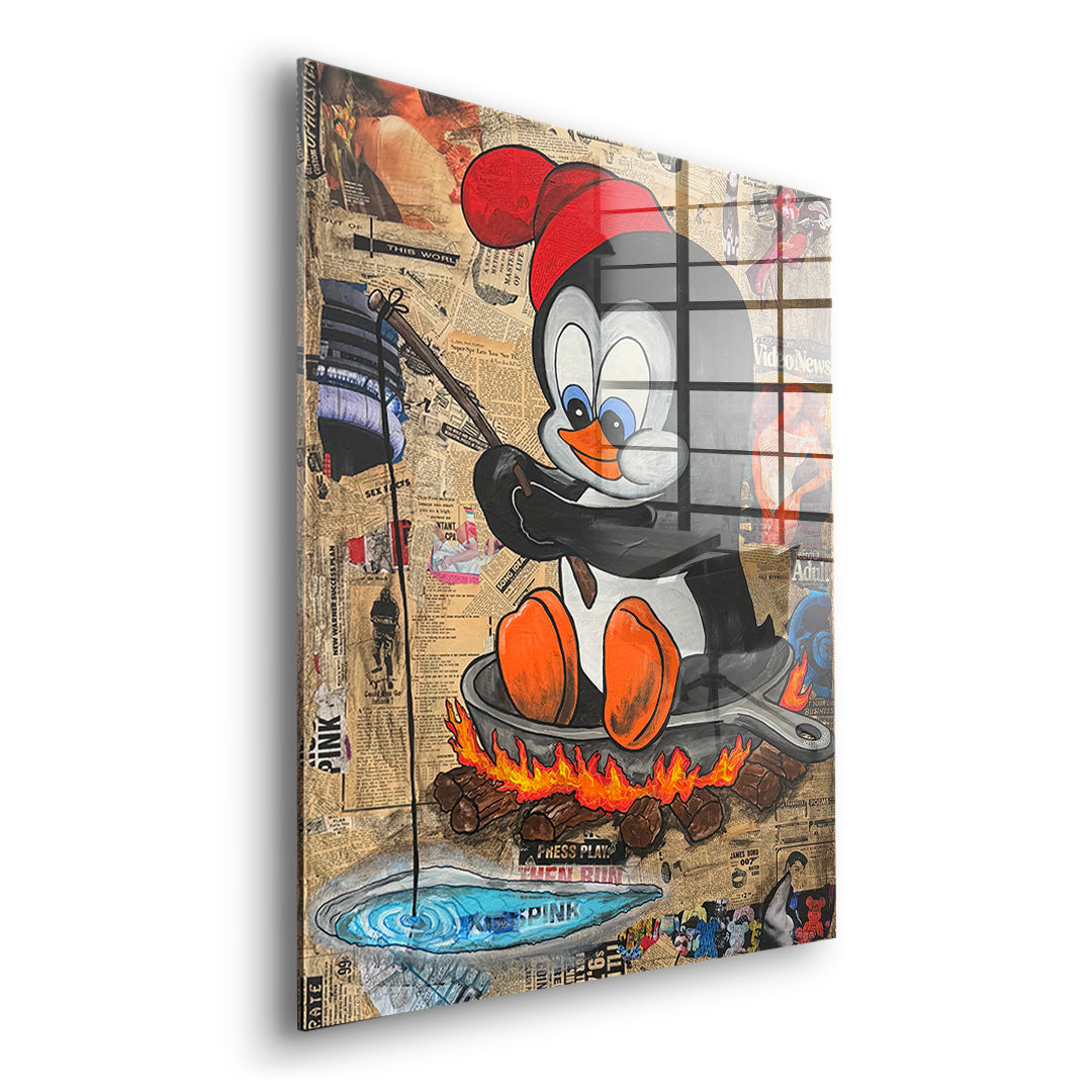 Seitenansicht des Acrylglasbilds Hot Pan Penguin ohne Rahmen