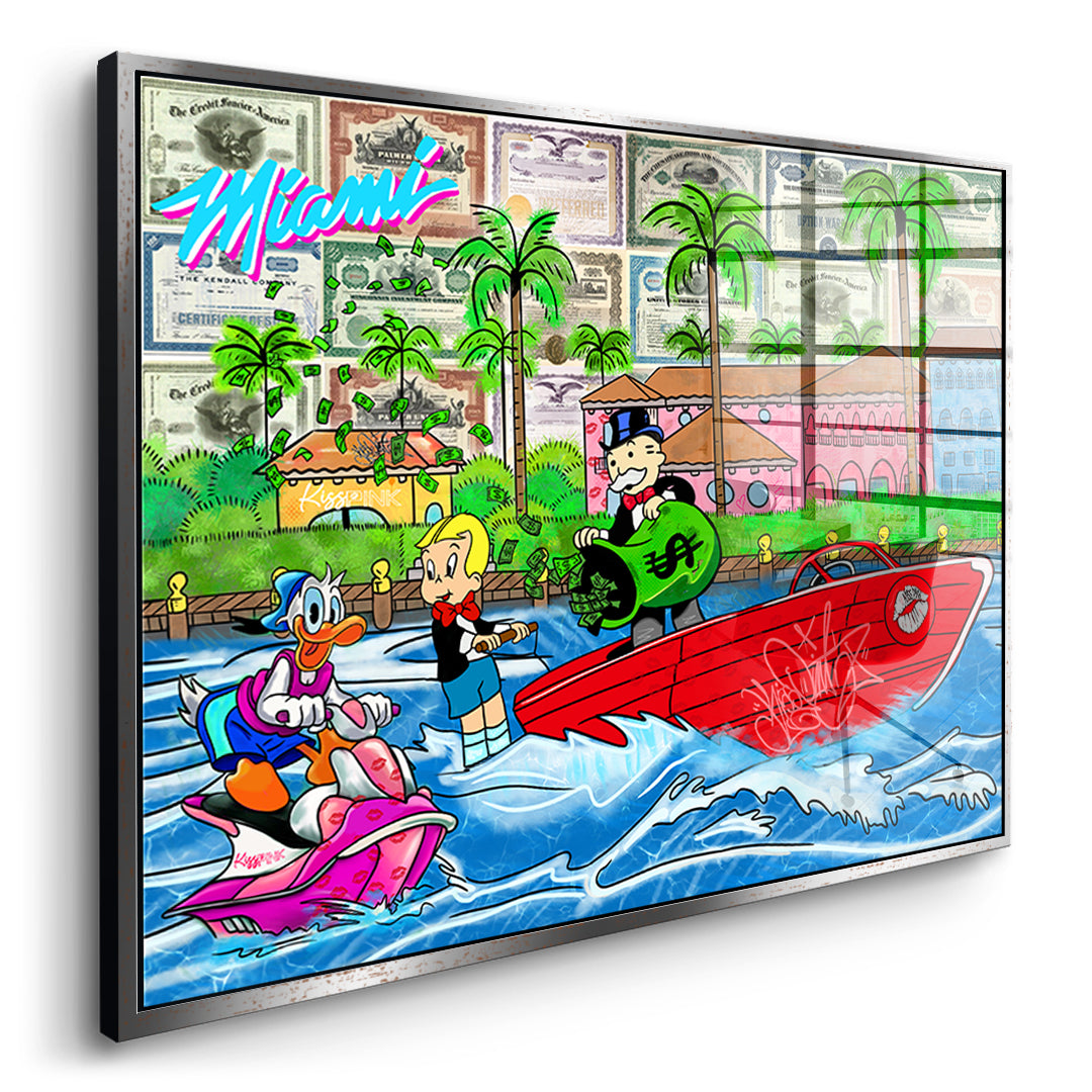 Seitenansicht des Acrylglasbilds Miami Water Life im silbernen Rahmen