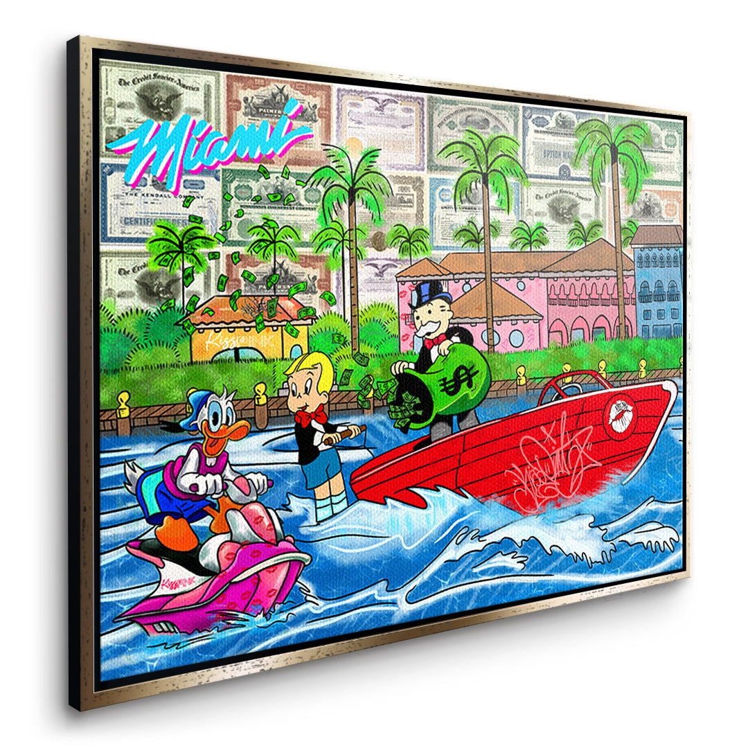 Seitenansicht des Leinwandbilds Miami Water Life im goldenen Rahmen