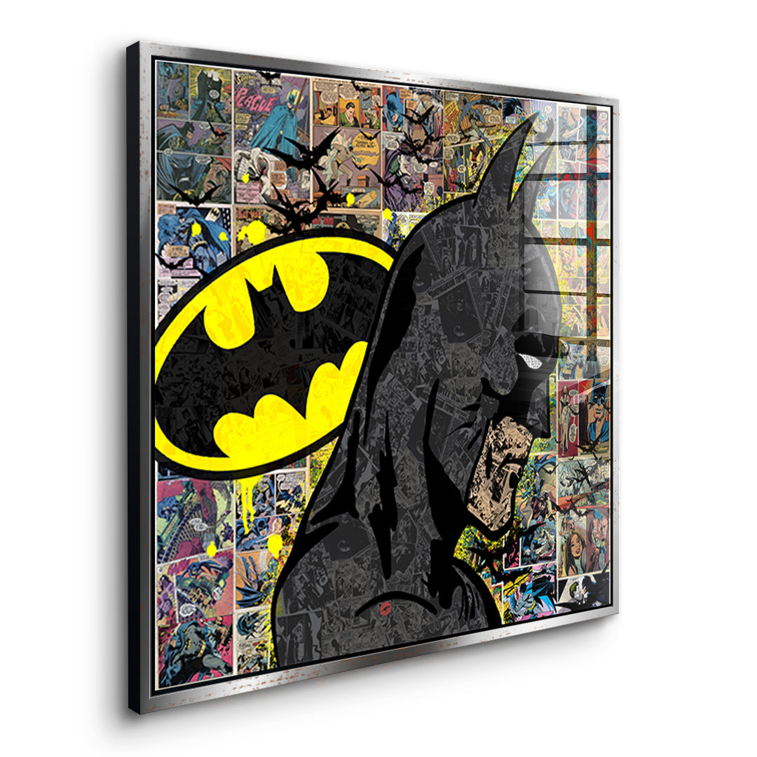 Seitenansicht des Acrylglasbilds Comic Night Hero im silbernen Rahmen