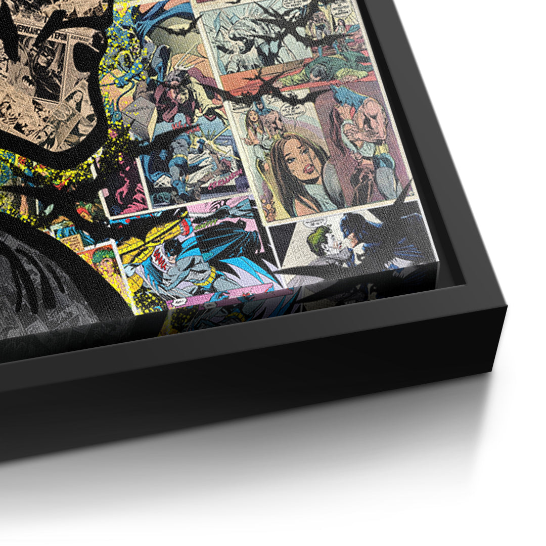 Detailaufnahme der Leinwandstruktur, Comic Night Hero im schwarzen Rahmen