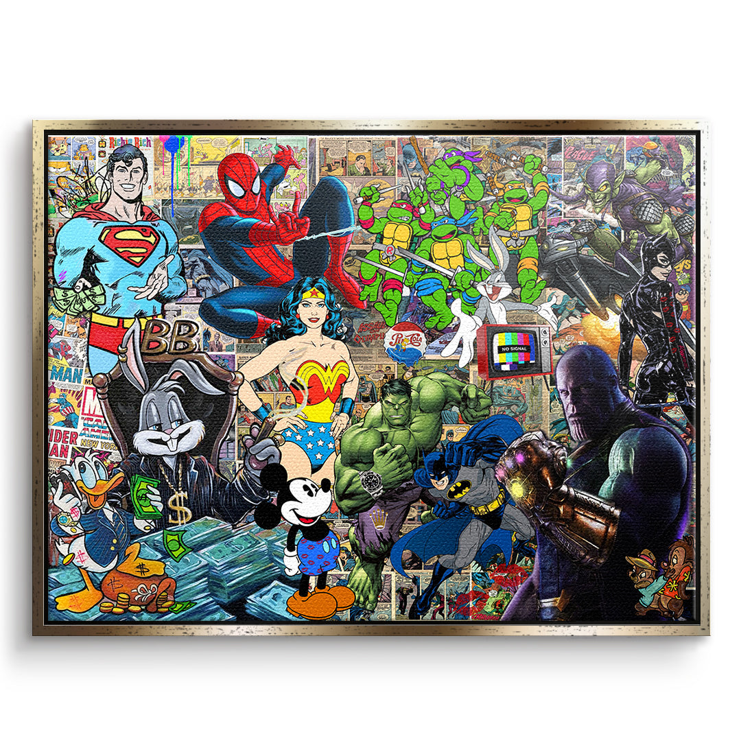 DOTCOMCANVAS Leinwandbild Superhero Collage im goldenen Premium-Rahmen