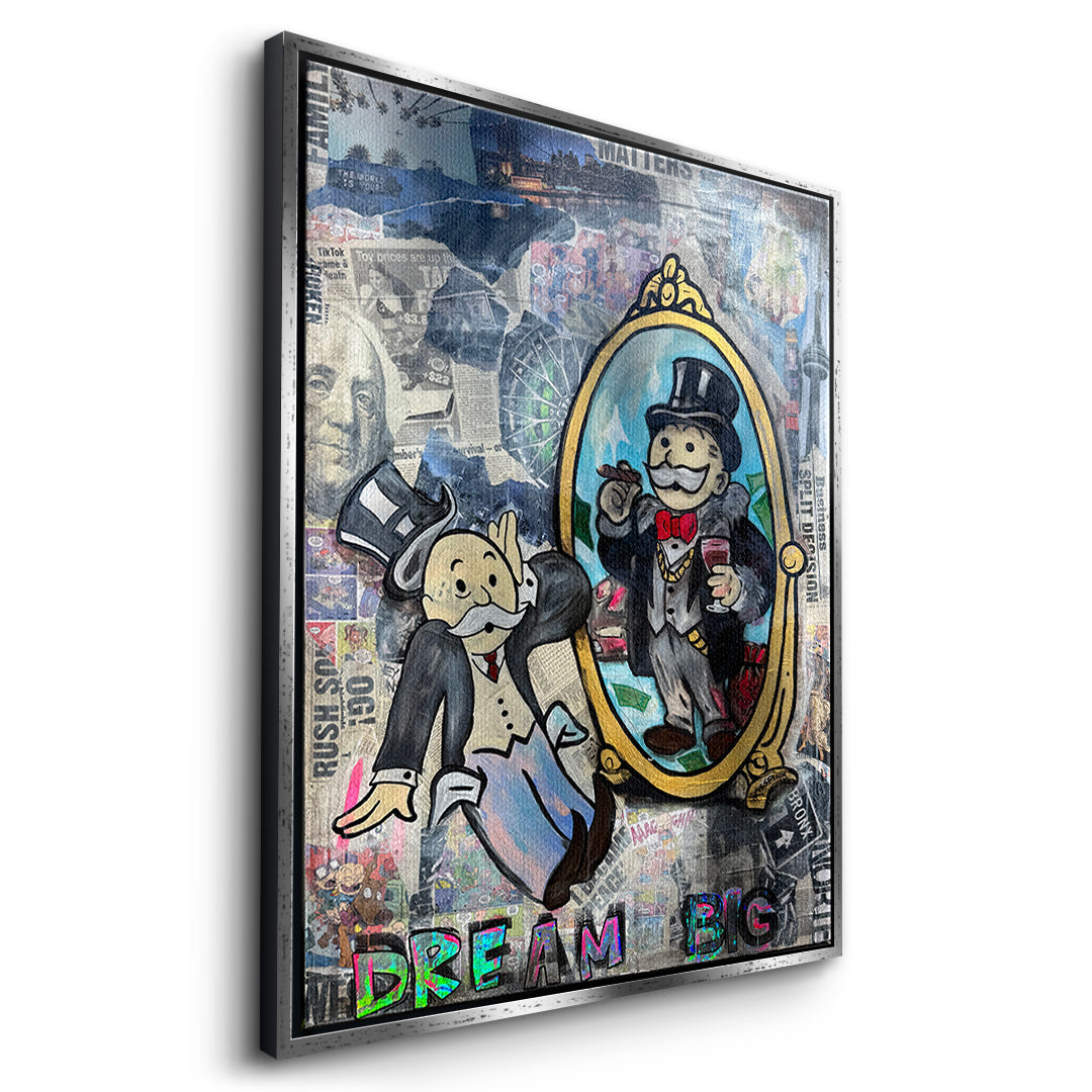 Seitenansicht des Leinwandbilds Dream Big Real im silbernen Rahmen
