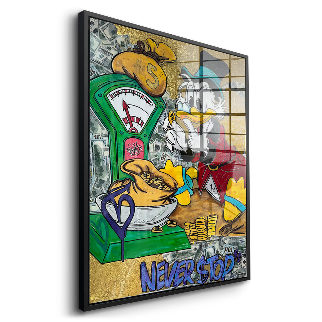 Seitenansicht des Acrylglasbilds Never Stop Duck im schwarzen Rahmen