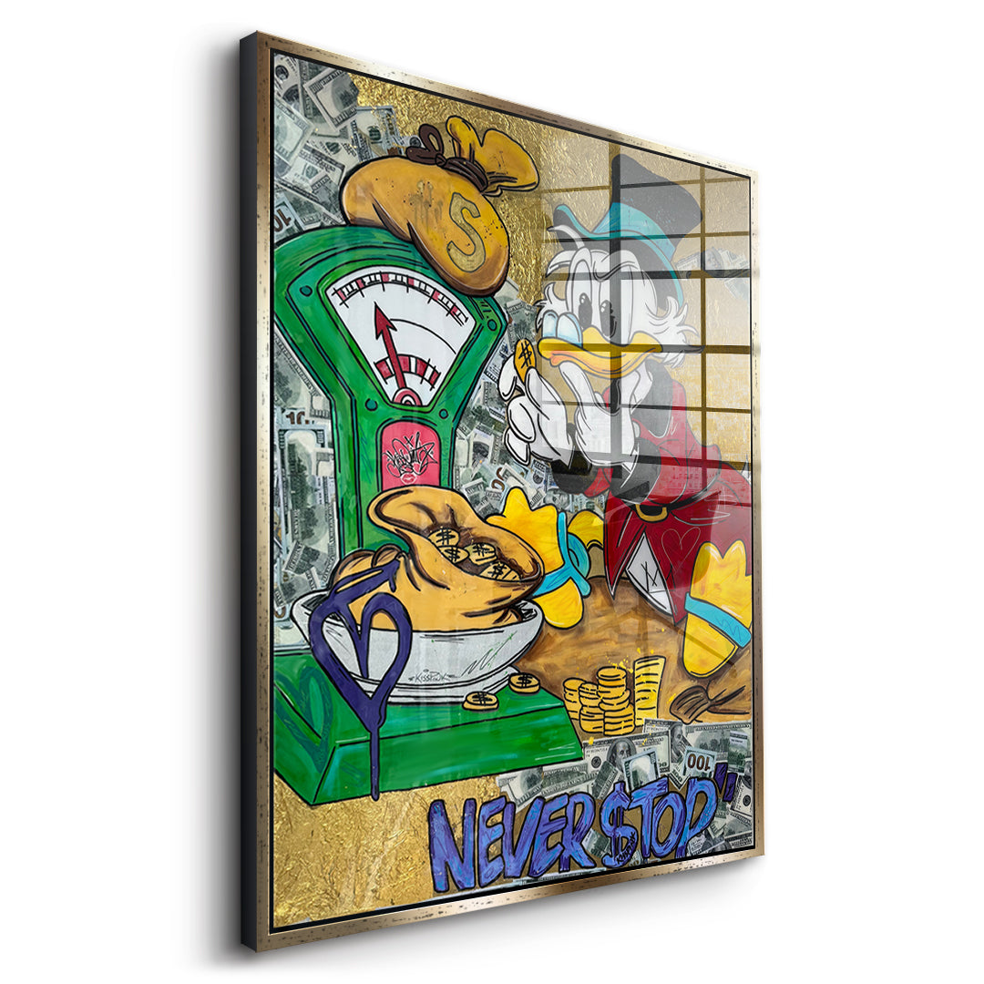 Seitenansicht des Acrylglasbilds Never Stop Duck im goldenen Rahmen