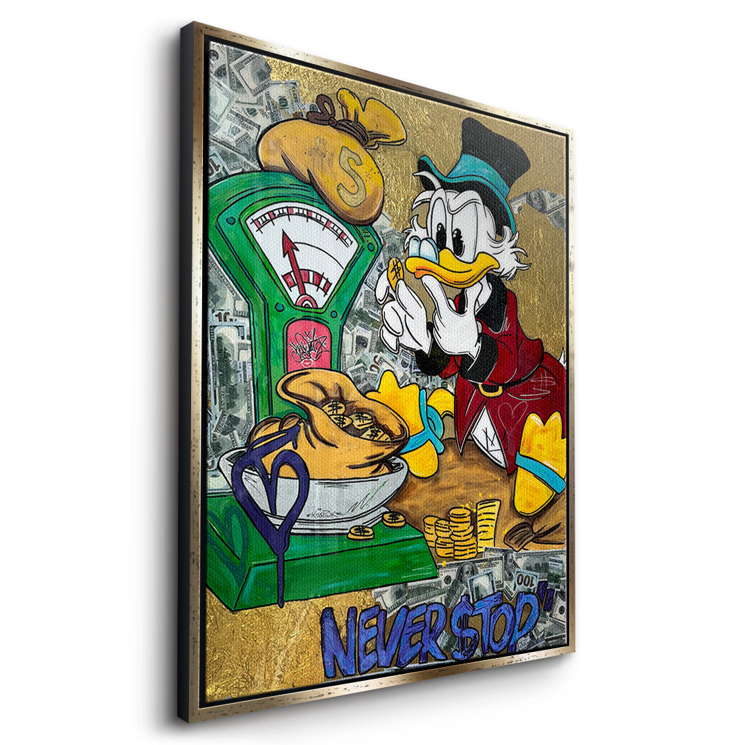Seitenansicht des Leinwandbilds Never Stop Duck im goldenen Rahmen