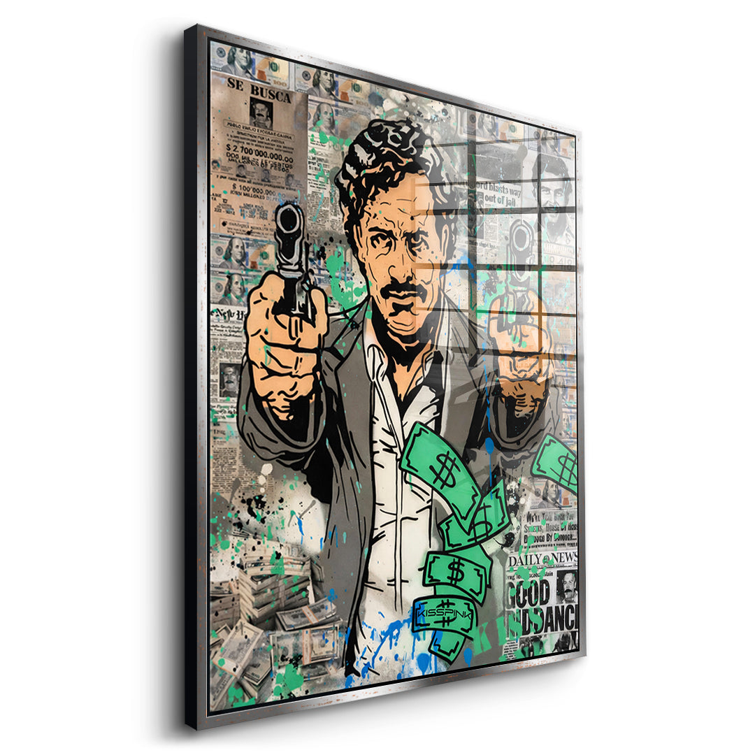 Seitenansicht des Acrylglasbilds Patron Money im silbernen Rahmen