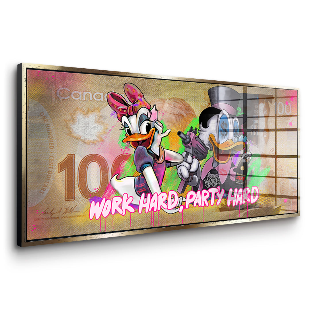 Seitenansicht des Acrylglasbilds Work Hard Party Hard im goldenen Rahmen
