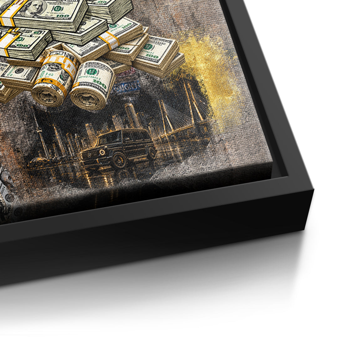 Detailaufnahme der Leinwandstruktur, Building Empires im schwarzen Rahmen