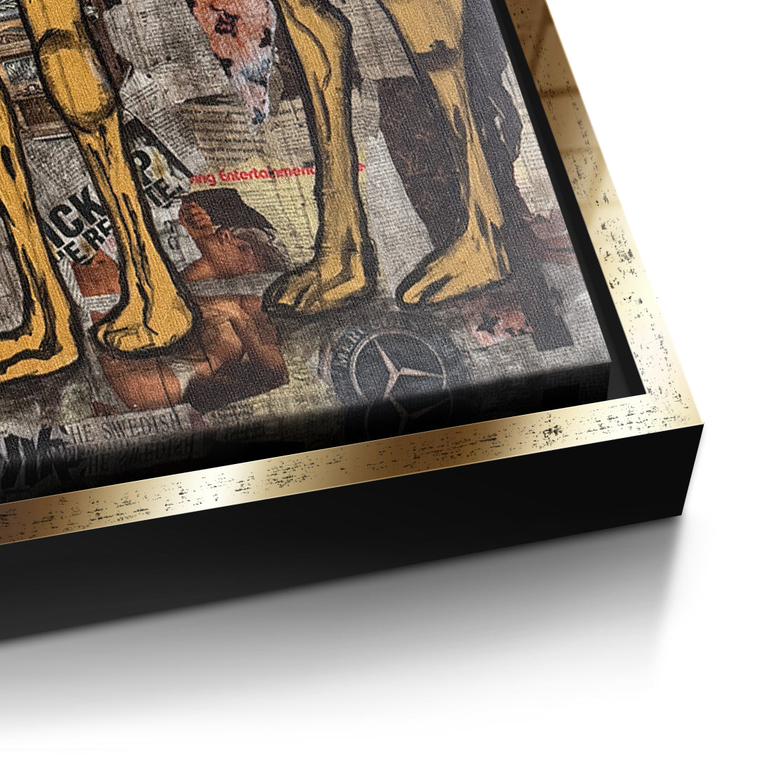Detailaufnahme der Leinwandstruktur, Mr. Luxury Time im goldenen Rahmen