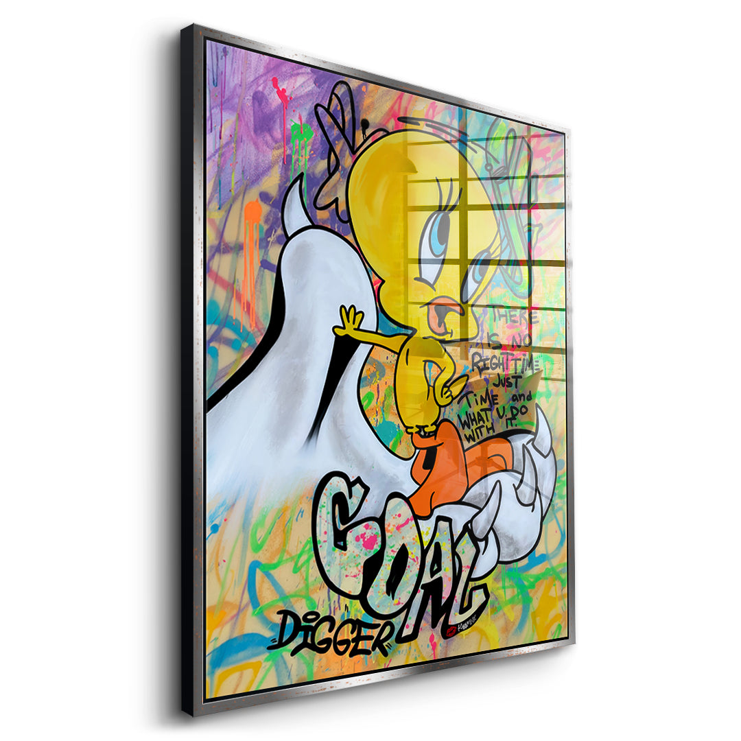 Seitenansicht des Acrylglasbilds Goal Digger Bird im silbernen Rahmen
