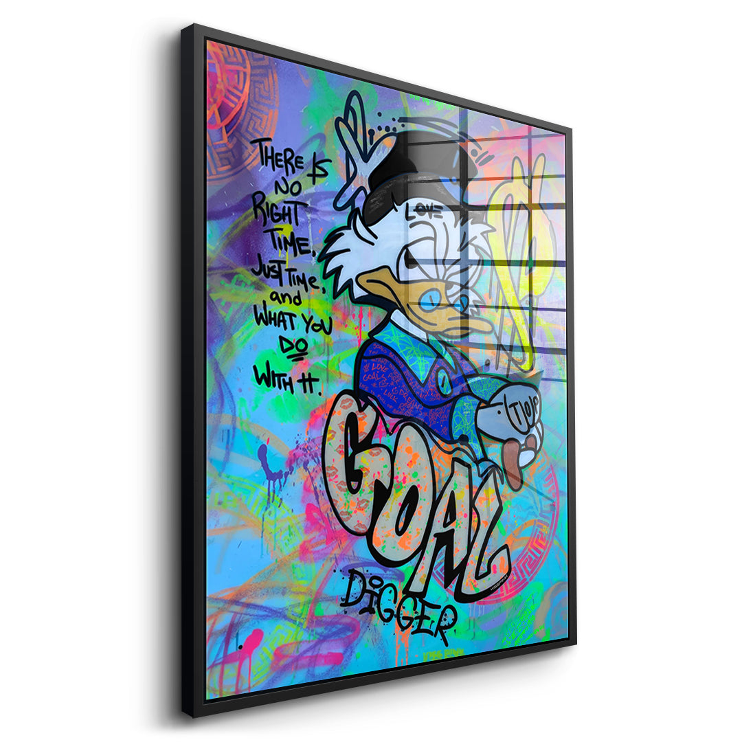 Seitenansicht des Acrylglasbilds Goal Digger Duck im schwarzen Rahmen