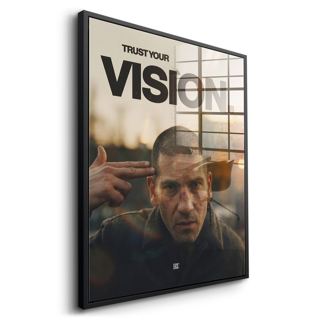 Seitenansicht des Acrylglasbilds Trust Your Vision im schwarzen Rahmen