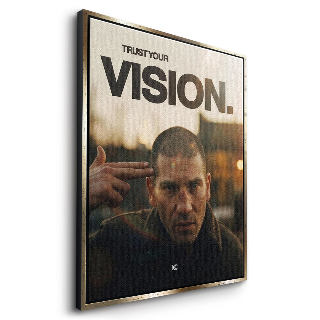 Seitenansicht des Leinwandbilds Trust Your Vision im goldenen Rahmen
