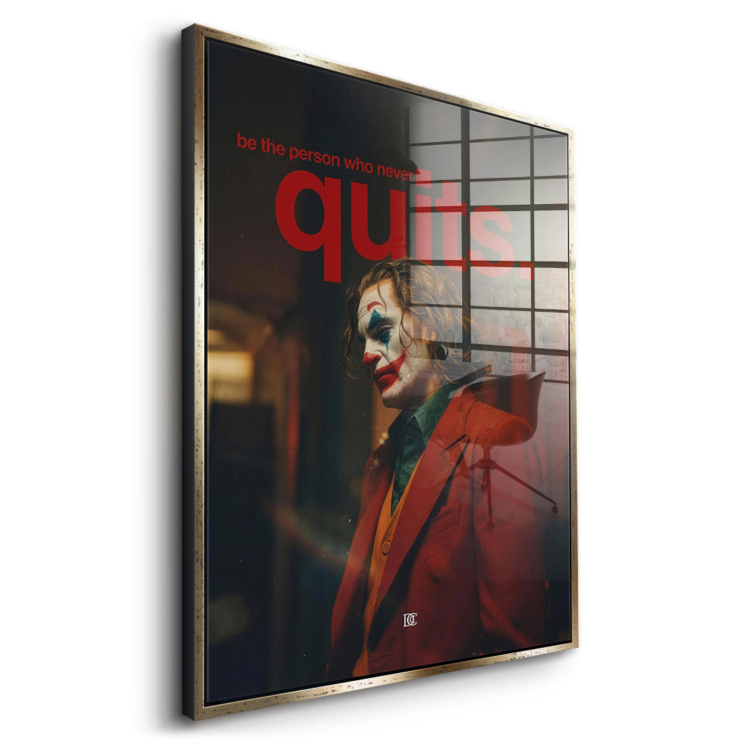 Seitenansicht des Acrylglasbilds Never Quit im goldenen Rahmen
