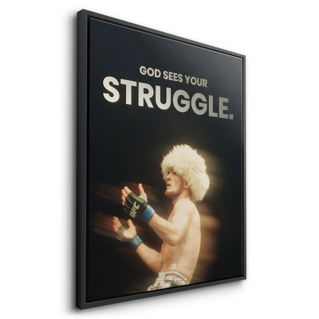 Seitenansicht des Leinwandbilds God Sees Your Struggle im schwarzen Rahmen