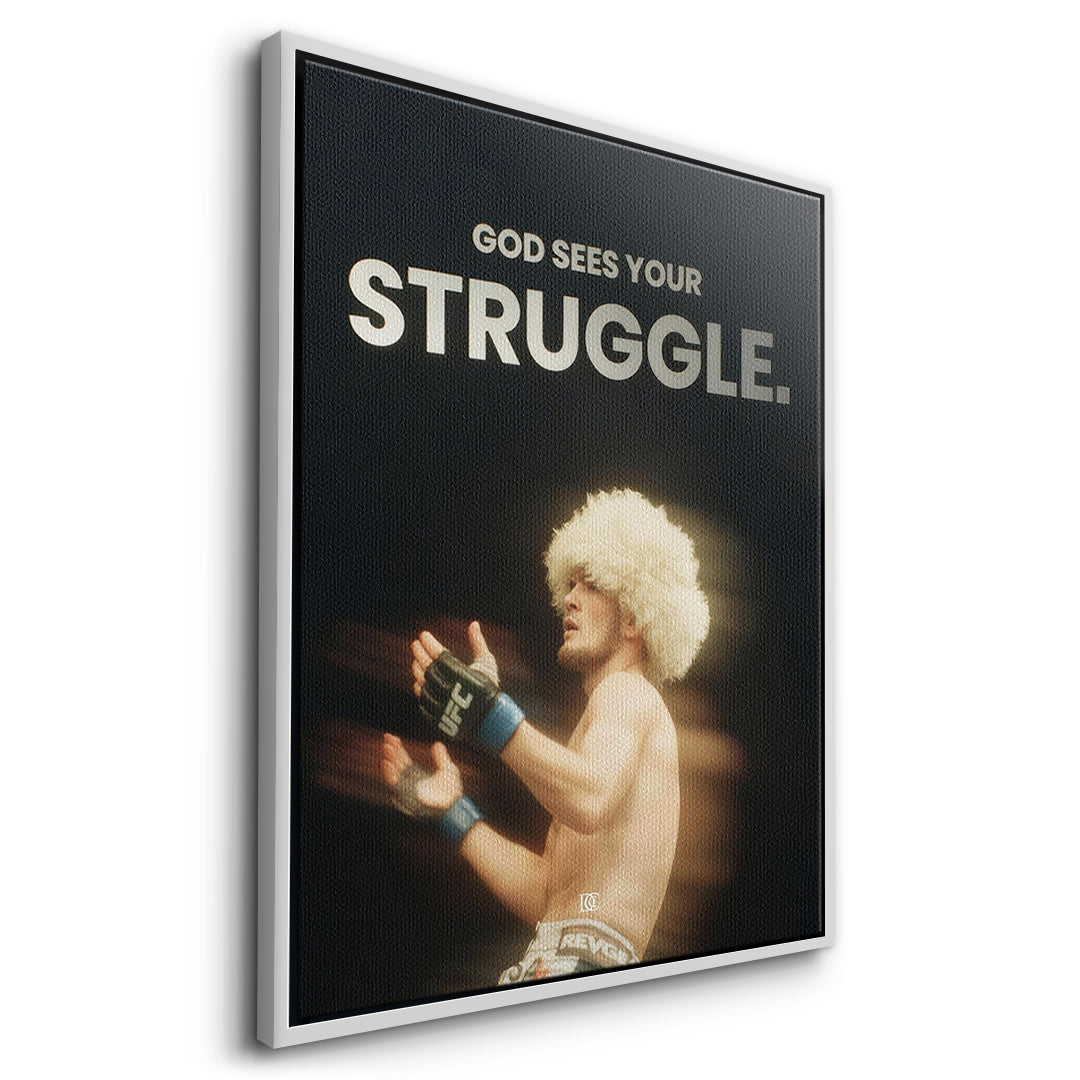 Seitenansicht des Leinwandbilds God Sees Your Struggle im weißen Rahmen