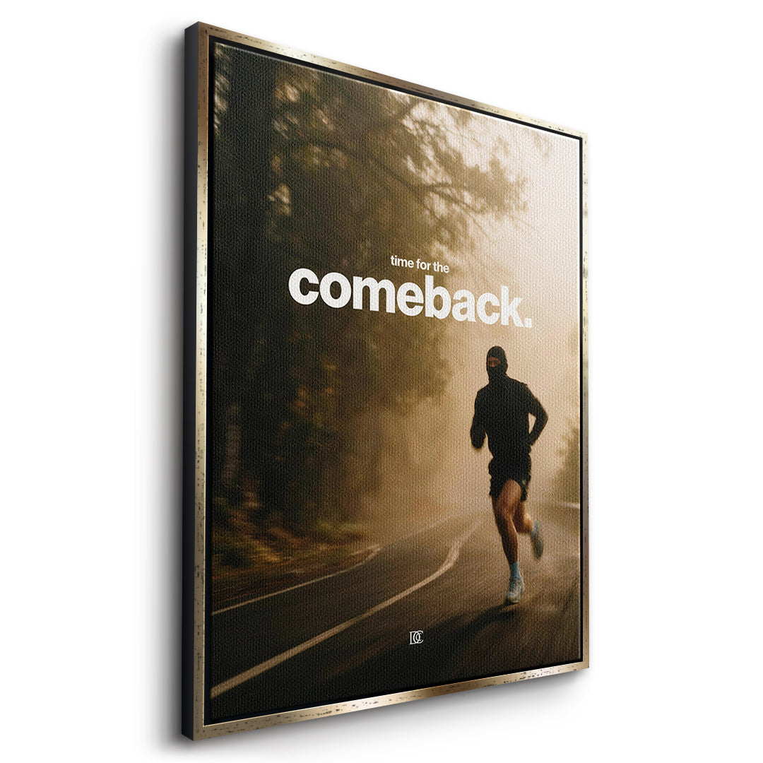 Seitenansicht des Leinwandbilds Time For The Comeback im goldenen Rahmen