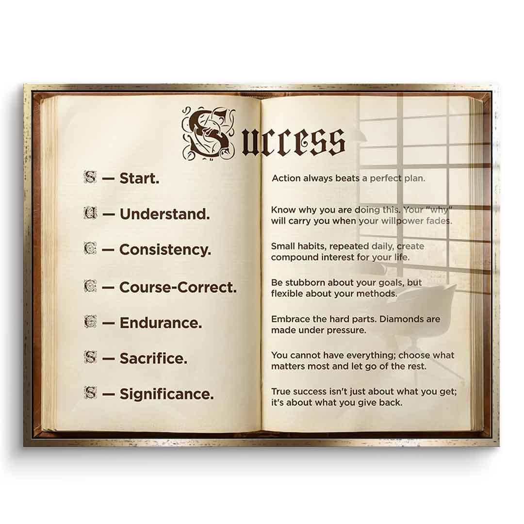 DOTCOMCANVAS® Success book Acrylglasbild – Vorderansicht schwarzer Rahmen
