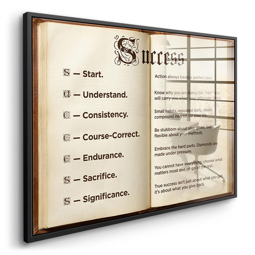 DOTCOMCANVAS® Success book Acrylglasbild – Seitenansicht schwarzer Rahmen