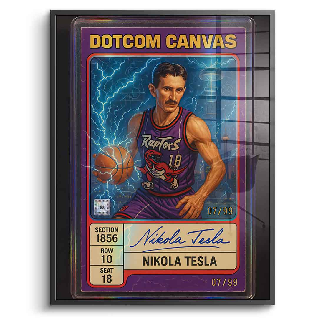 DOTCOMCANVAS Acrylglasbild Nikola Tesla Basketball Card Frontansicht mit schwarzem Premium Rahmen
