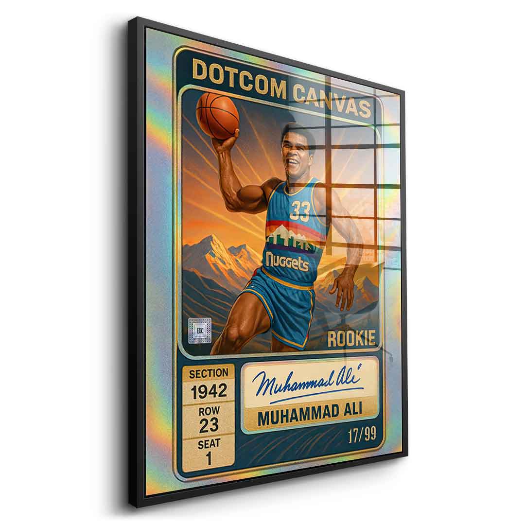 DOTCOMCANVAS Muhammad Ali Basketball Card Acrylglasbild Pop Art Schwarz gerahmt Seitenansicht