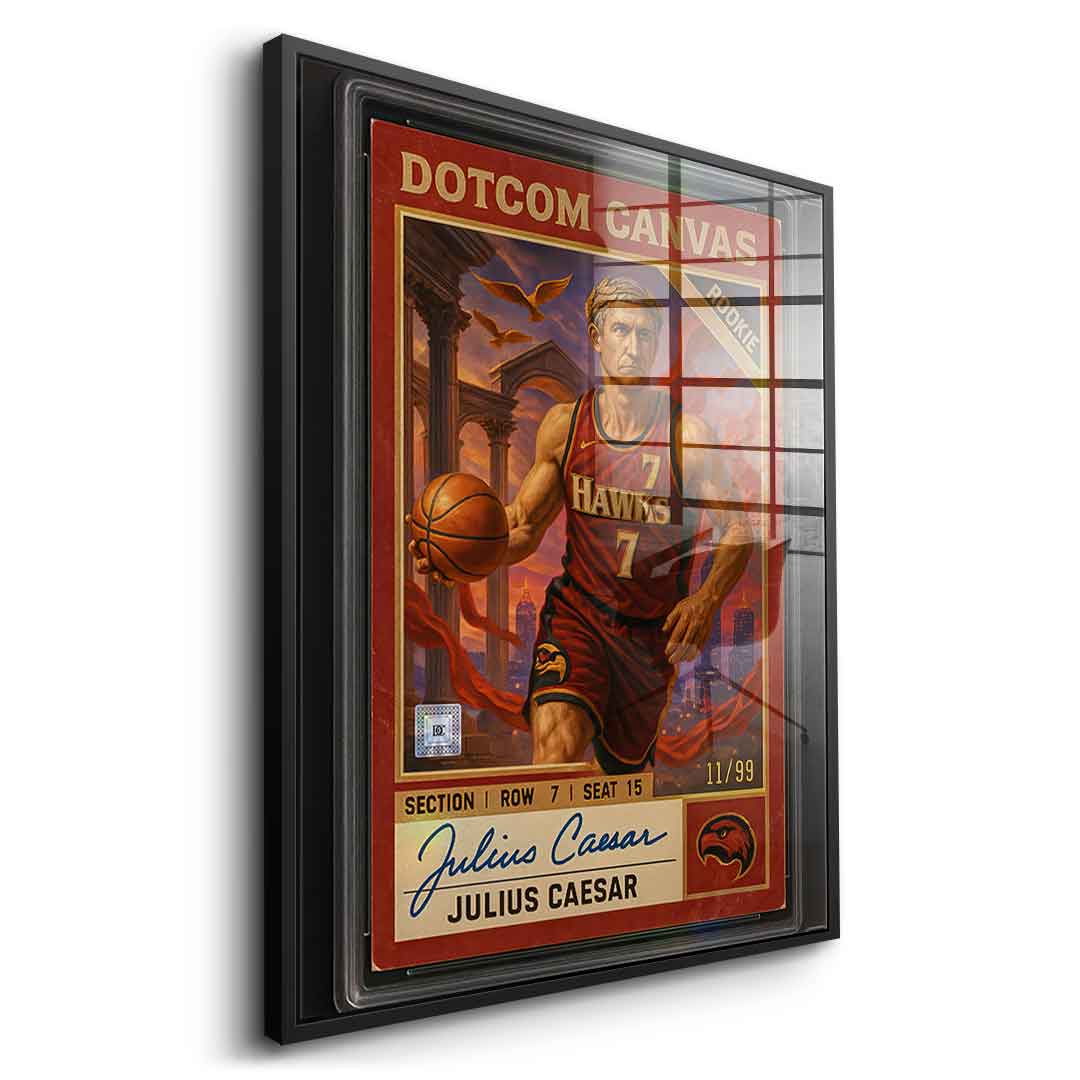 DOTCOMCANVAS Julius Caesar Basketball Card Acrylglasbild Pop Art – Seitenansicht mit schwarzem Rahmen