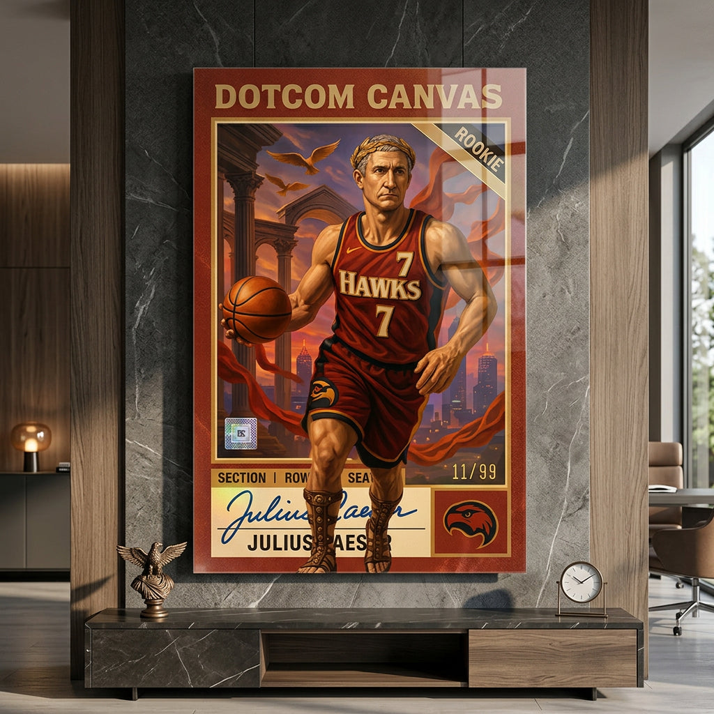 DOTCOMCANVAS Julius Caesar Basketball Card Acrylglasbild Pop Art – Wohnzimmer Raumansicht