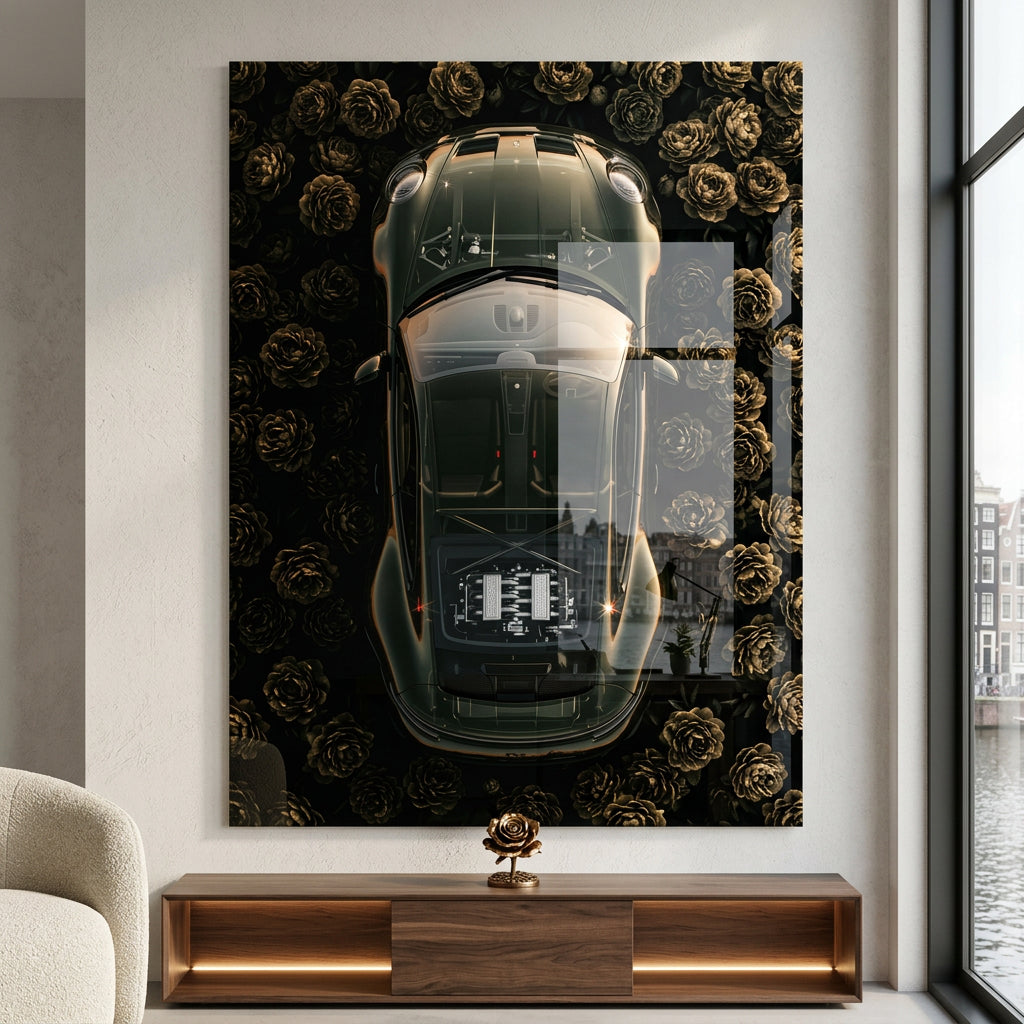 DOTCOMCANVAS® Porsche in flowers Acrylglasbild – im Raum