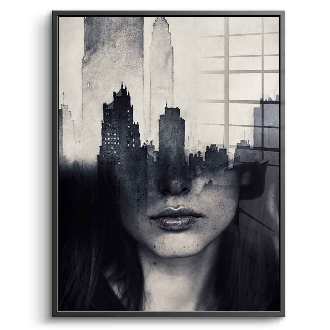 DOTCOMCANVAS® Mind game Acrylglasbild – Vorderansicht silberner Rahmen