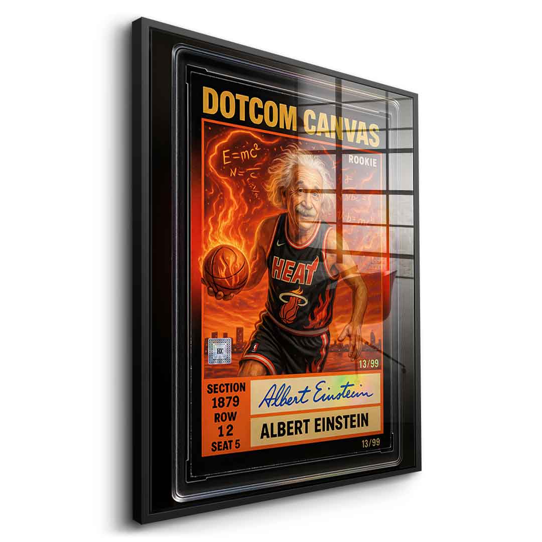 DOTCOMCANVAS Albert Einstein Basketball Card Pop Art Wandbild Acrylglasbild Seitenansicht mit schwarzem Rahmen