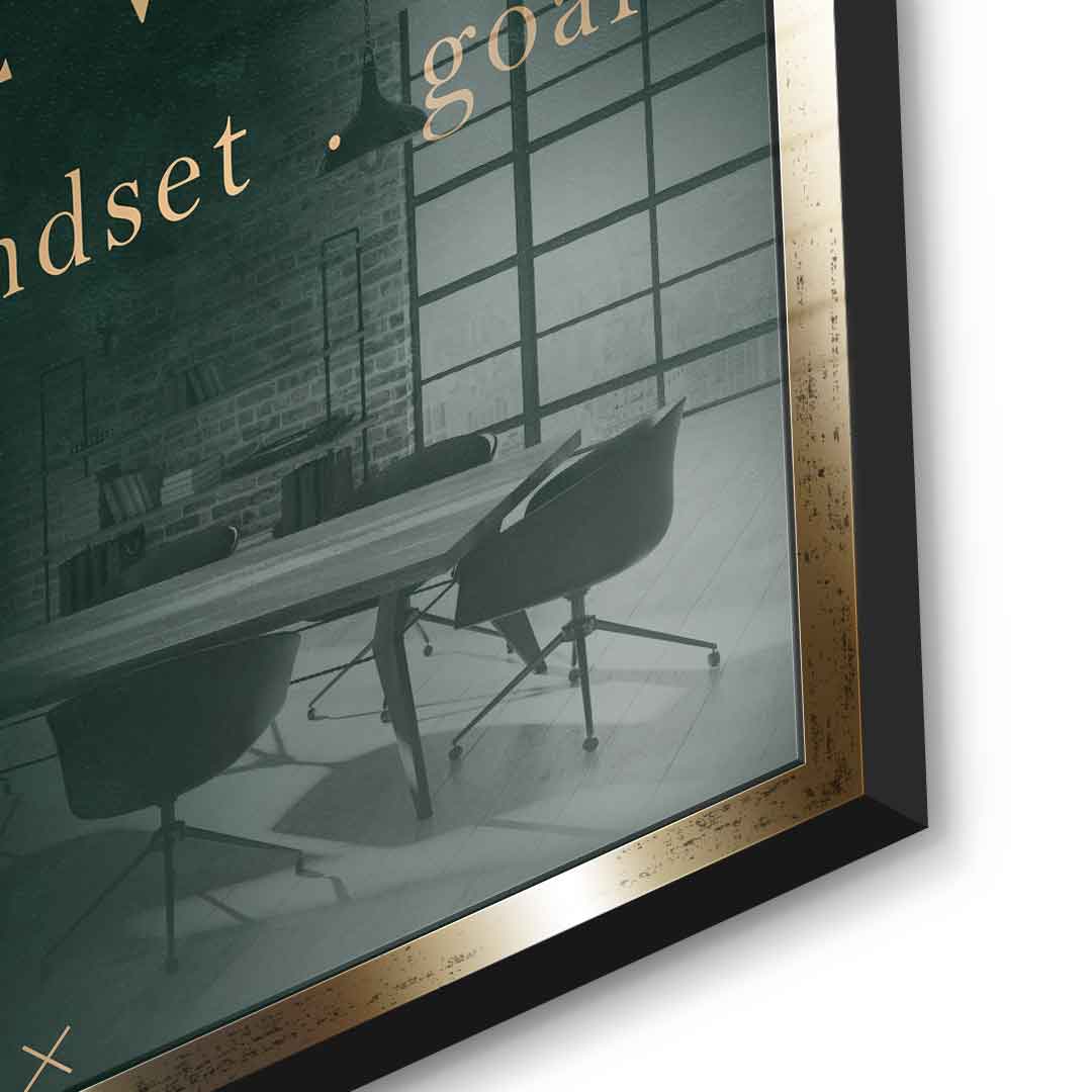DOTCOMCANVAS NEW week, mindset, goal – motivierendes Typografie-Wandbild, goldene Serifen-Schrift auf dunkelgrünem Hintergrund – Acrylglasbild Ansicht 12