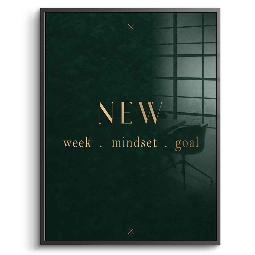 DOTCOMCANVAS NEW week, mindset, goal – motivierendes Typografie-Wandbild, goldene Serifen-Schrift auf dunkelgrünem Hintergrund – Acrylglasbild Ansicht 3