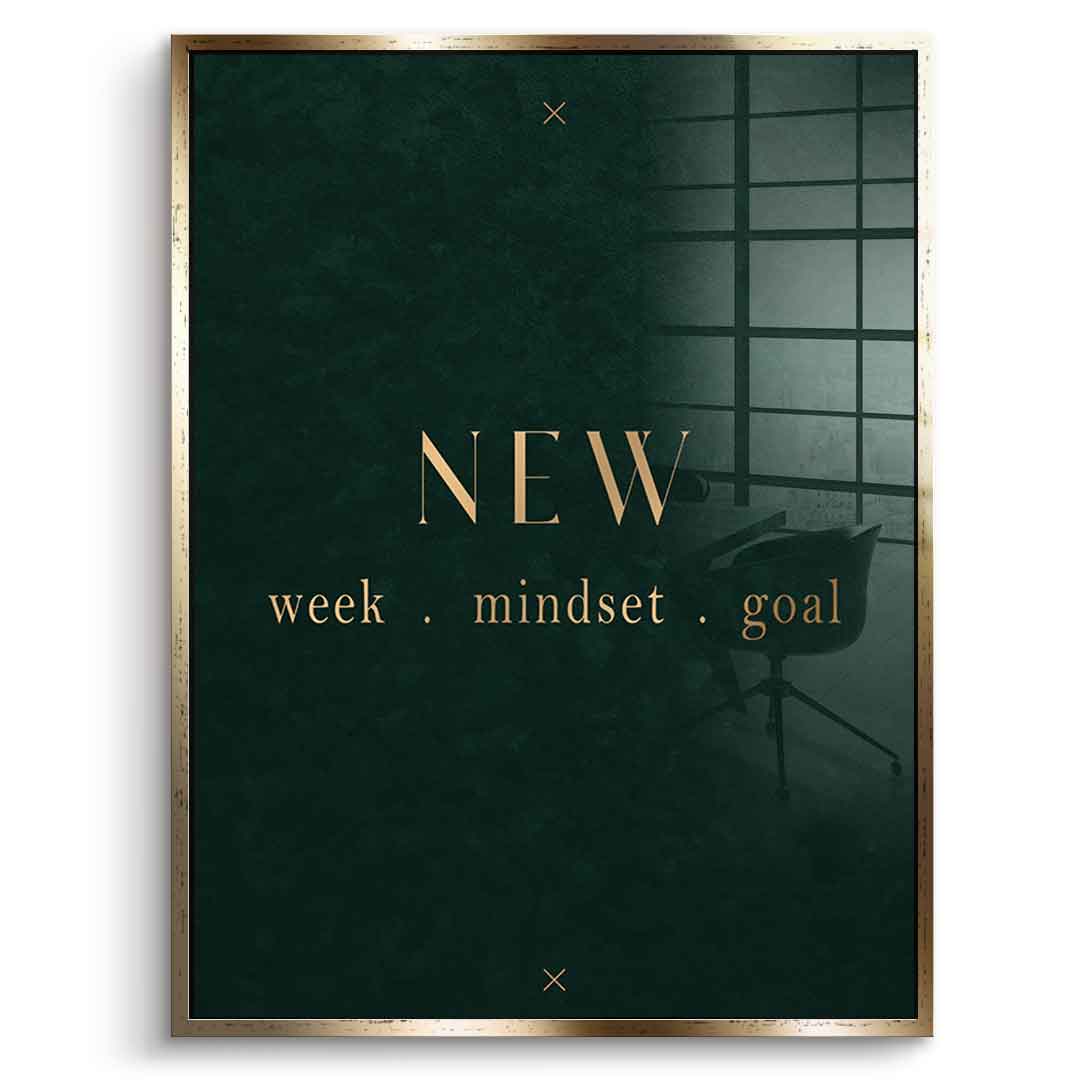 DOTCOMCANVAS NEW week, mindset, goal – motivierendes Typografie-Wandbild, goldene Serifen-Schrift auf dunkelgrünem Hintergrund – Acrylglasbild Ansicht 5