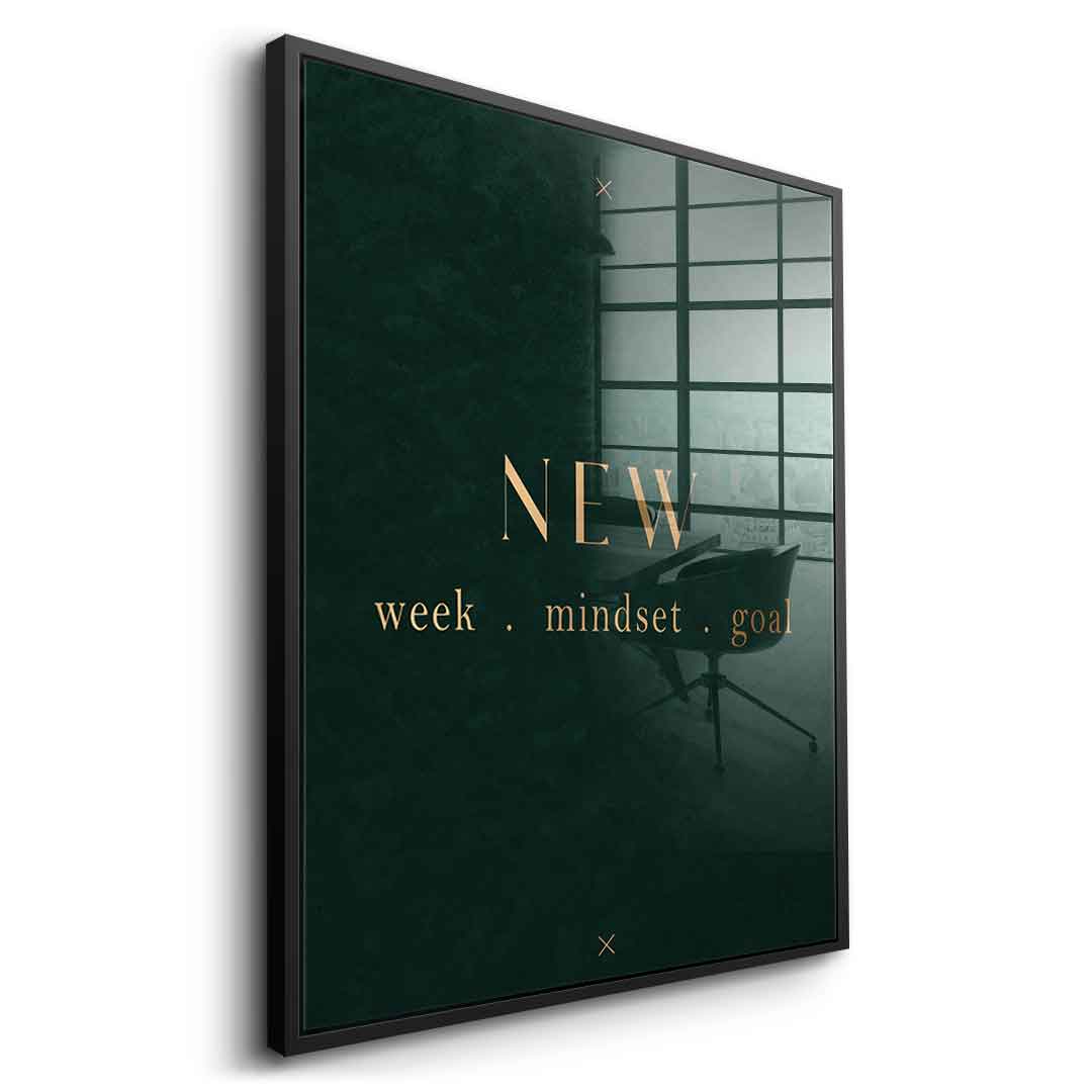 DOTCOMCANVAS NEW week, mindset, goal – motivierendes Typografie-Wandbild, goldene Serifen-Schrift auf dunkelgrünem Hintergrund – Acrylglasbild Ansicht 7