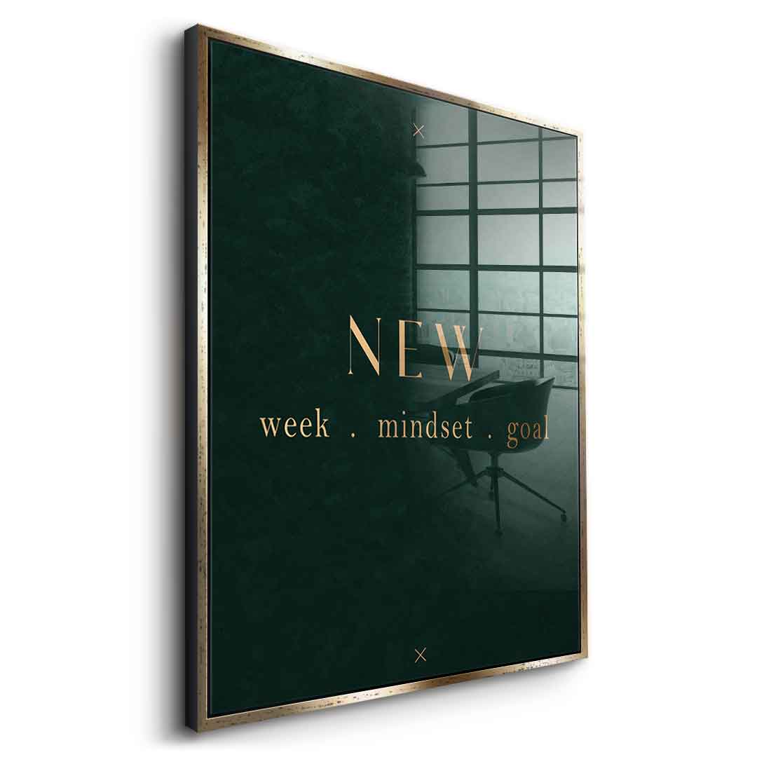 DOTCOMCANVAS NEW week, mindset, goal – motivierendes Typografie-Wandbild, goldene Serifen-Schrift auf dunkelgrünem Hintergrund – Acrylglasbild Ansicht 8