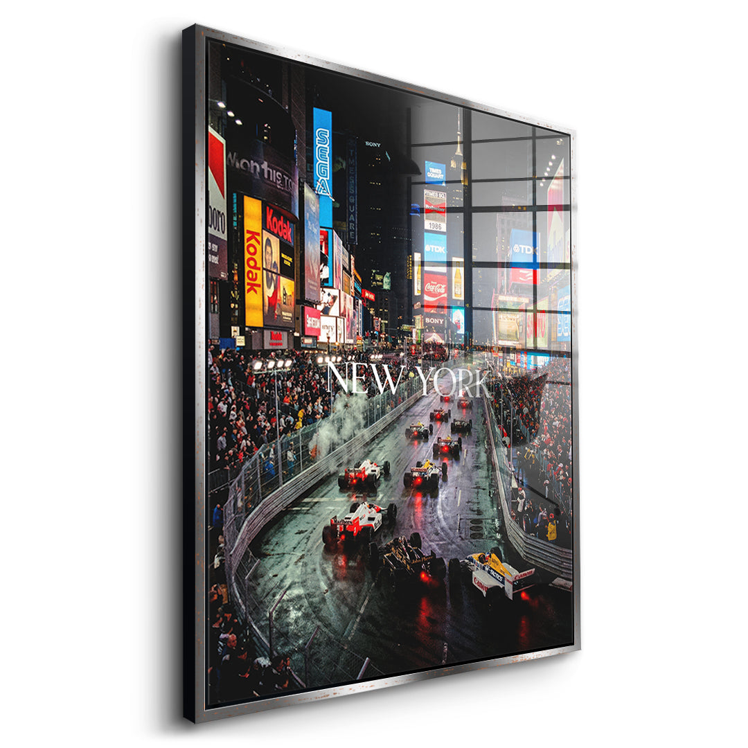 DOTCOMCANVAS New York F1 Acrylglasbild Seitenansicht mit Silberrahmen