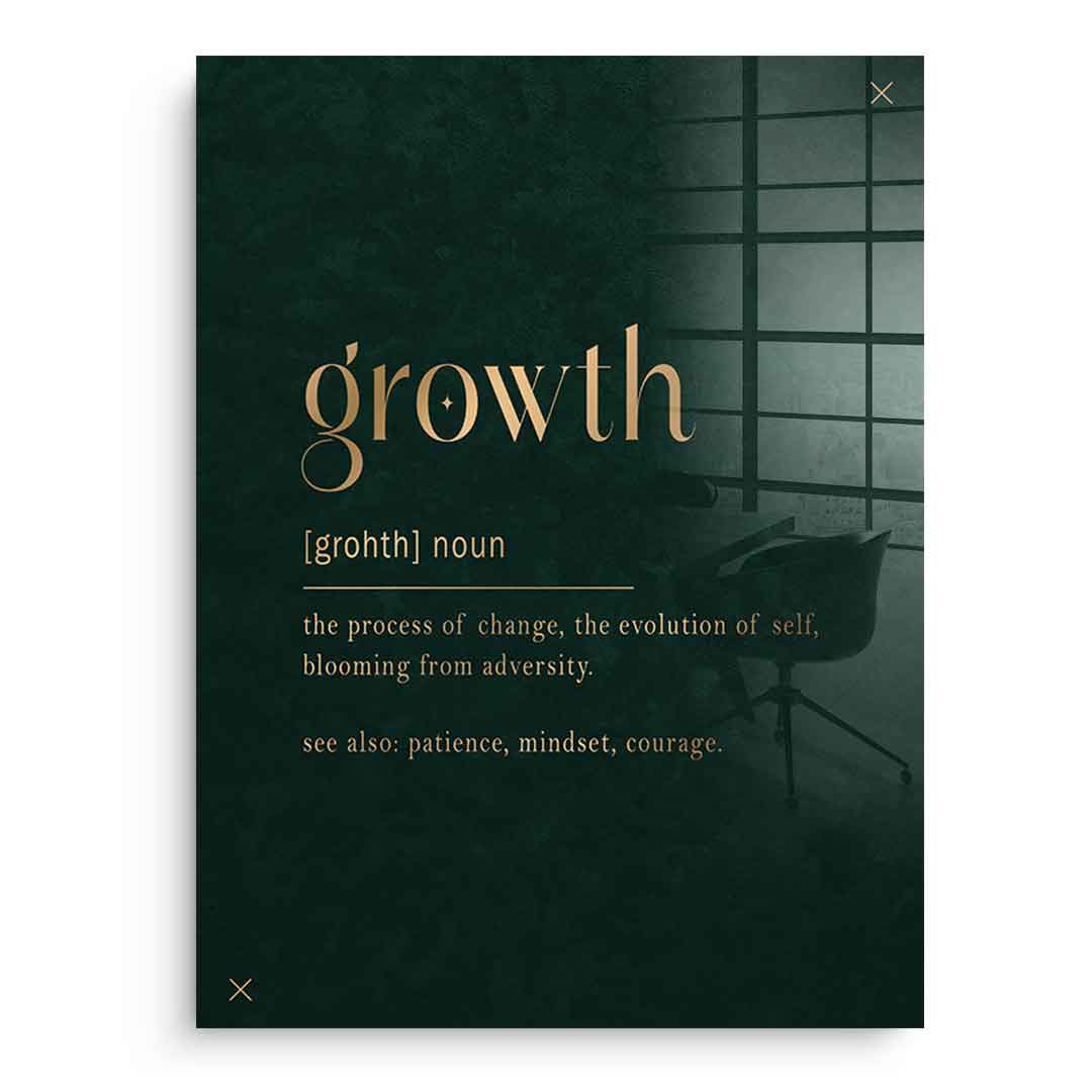 DOTCOMCANVAS Growth Acrylglasbild Ohne Rahmen Frontansicht - motivierendes Typografie Wandbild growth in Gold auf Dunkelgrün