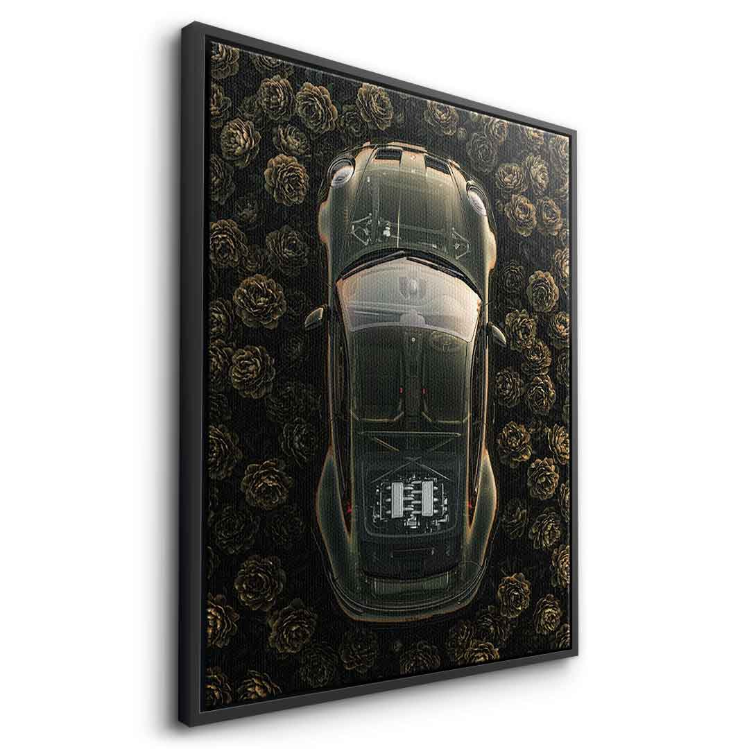 DOTCOMCANVAS® Porsche in flowers Leinwandbild – Seitenansicht schwarzer Rahmen
