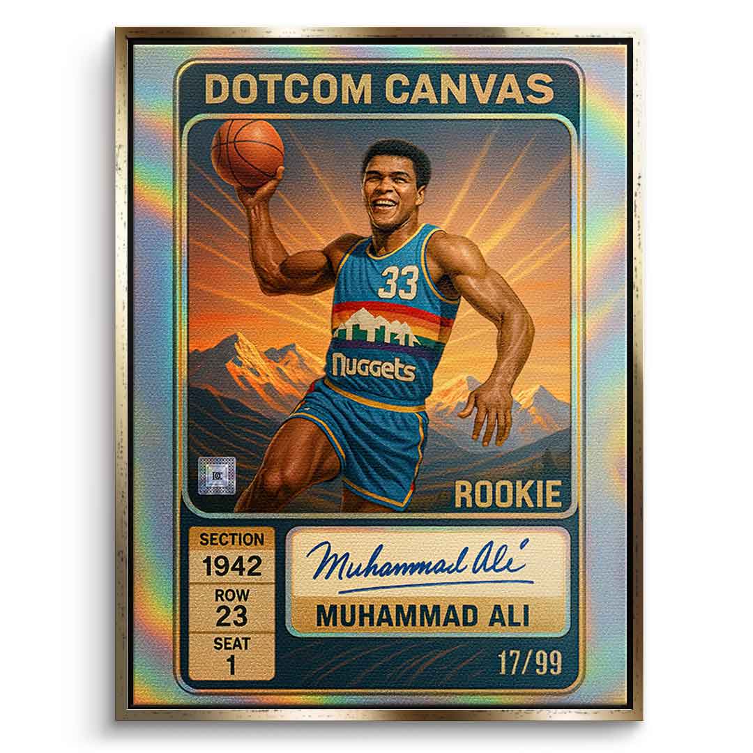 DOTCOMCANVAS Muhammad Ali Basketball Card Leinwandbild Pop Art Gold gerahmt Frontansicht