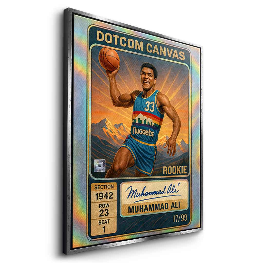 DOTCOMCANVAS Muhammad Ali Basketball Card Leinwandbild Pop Art Schwarz gerahmt Seitenansicht