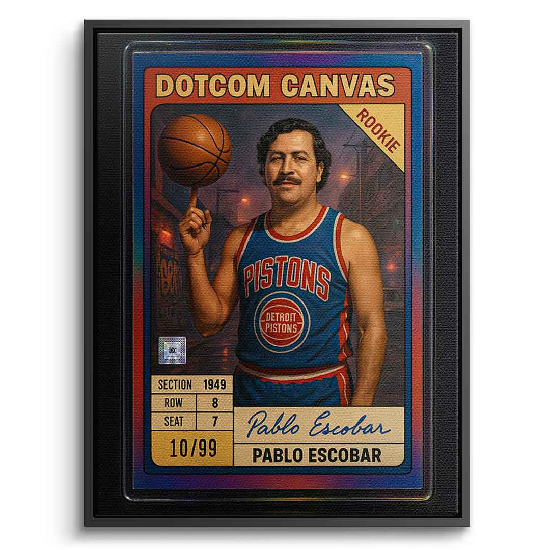 DOTCOMCANVAS Pablo Escobar Basketball Card Leinwandbild Pop Art Schwarz gerahmt Frontansicht