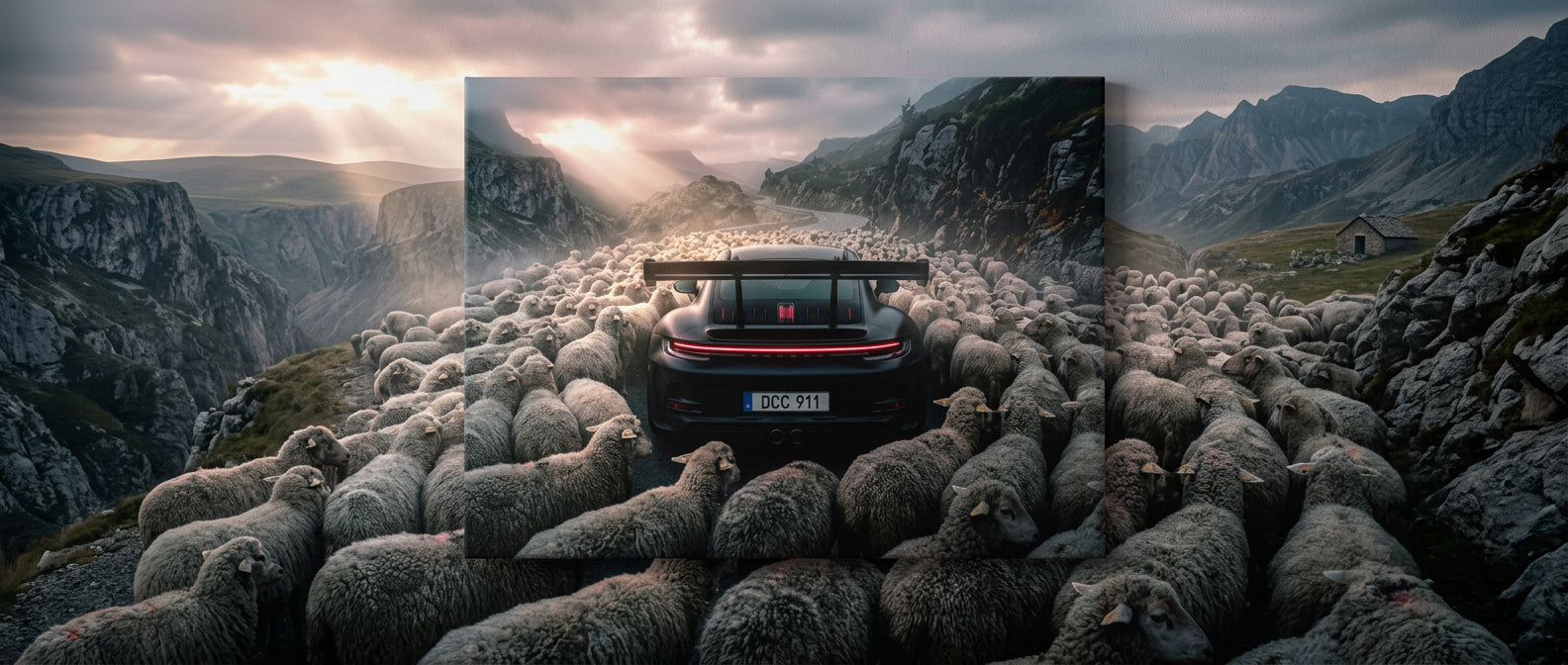 Porshe & Sheeps Leinwandbild Banner